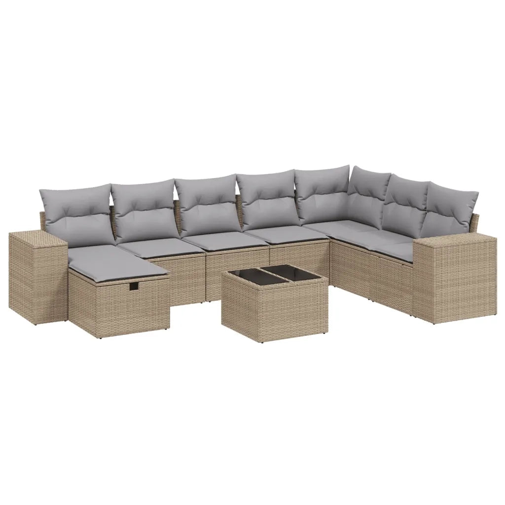 Set Divano da Giardino 9 pz con Cuscini Beige Misto Polyrattan