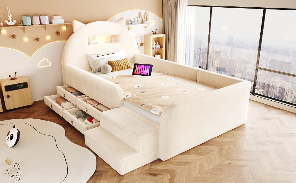 Letto per bambini 90 × 200 cm con testiera a orecchie, 4 cassetti, luce notturna et USB, senza materasso, beige