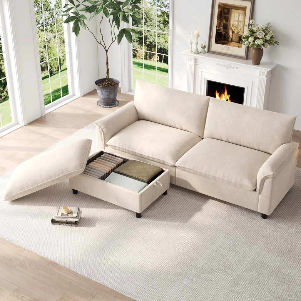 Divano modulare in chenille beige con pouf contenitore, 216 × 77 × 82 cm