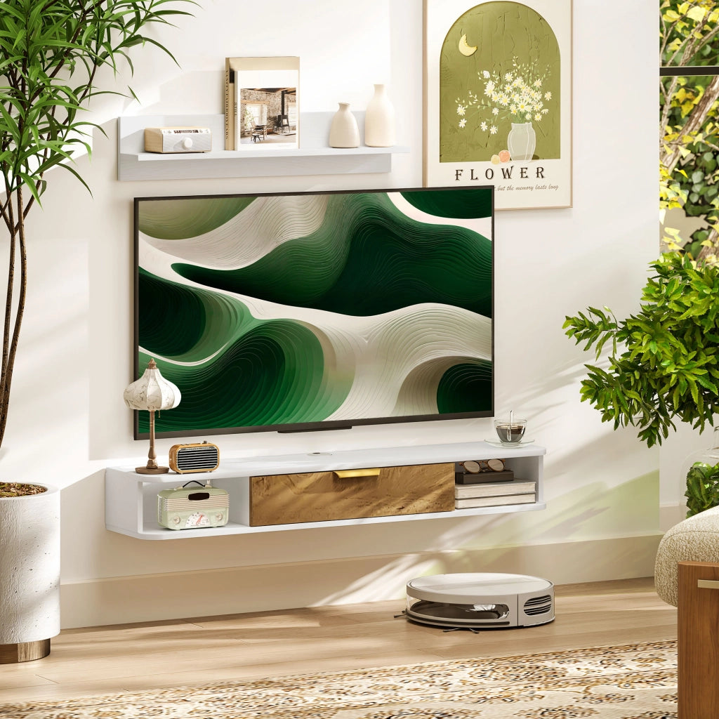 Mobile TV a parete con scaffale e ante ¨C Xylo ¨C legno bianco con ripiani aperti