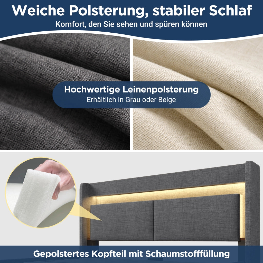 LETTO Imbottito 180x200 cm con contenitore idraulico, LED, USB e USB-C, Grigio