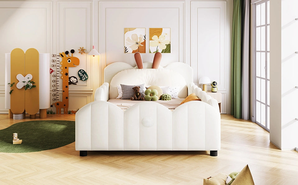 Letto piattaforma imbottito 90x200 cm con cuscino a forma di coniglio, beige