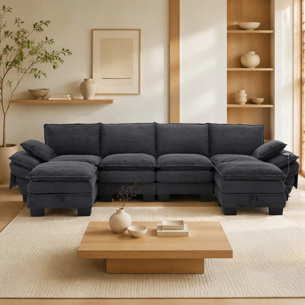 DIVANO modulare 4 posti con 2 pouf 330x132x84 cm velluto a coste grigio scuro