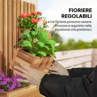 Fioriera Verticale a Doghe con 3 Vasi Rimovibili, in Legno di Abete, 60x16x80 cm, Marrone Bruciato