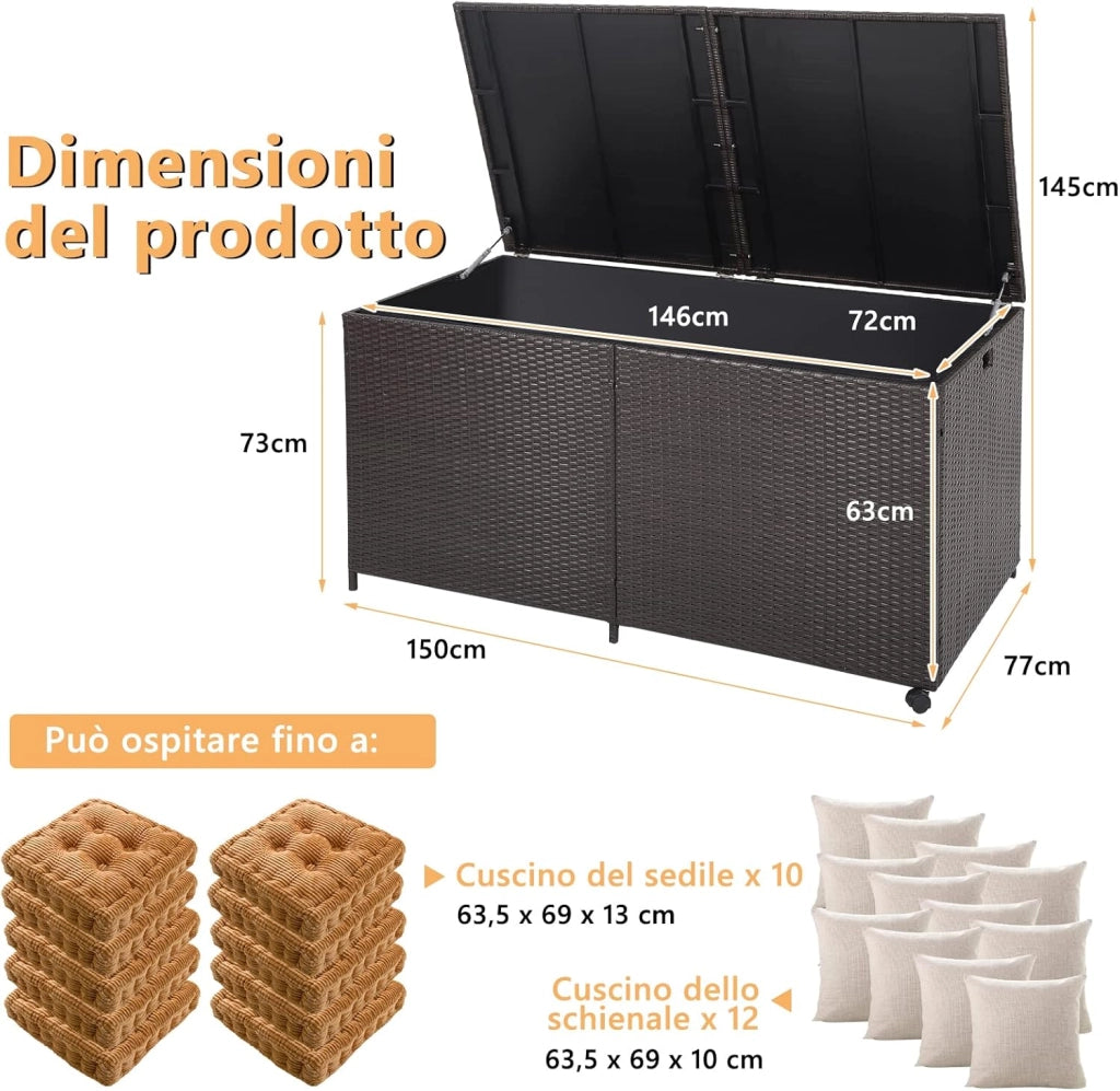 Baule da Giardino 662L, Panca Contenitore in Plastica con Coperchio, Maniglia e 2 Ruote Universali, in Rattan, per Interni e Esterni, 150 x 77 x 73 cm (Modello 3)