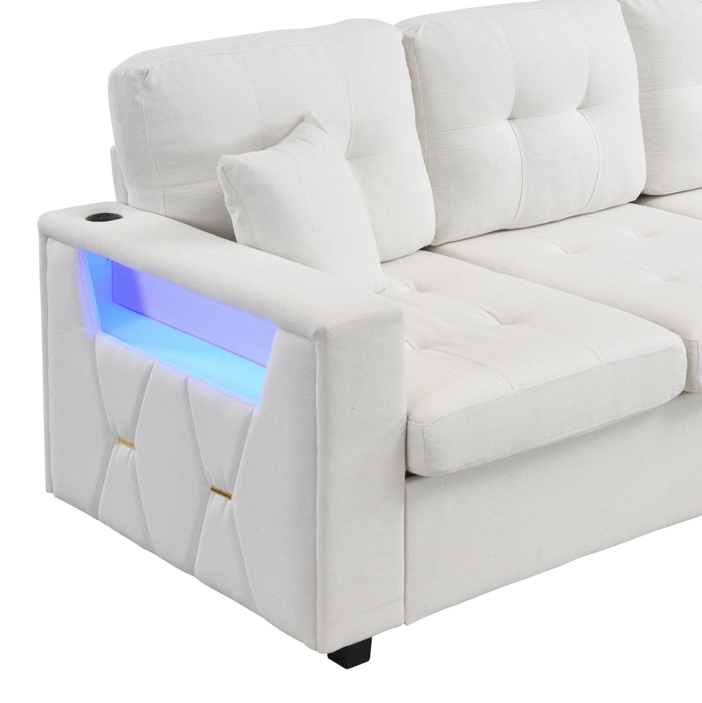 Divano angolare modulare 4 posti beige con pouf contenitore, USB-C e LED