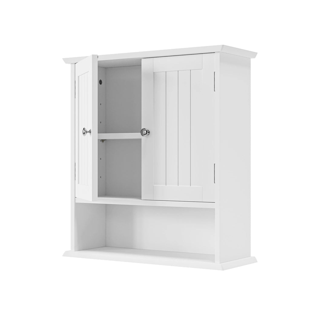 Armadietto bagno da parete bianco con doppia anta, ripiani regolabili e vani aperti, in MDF
