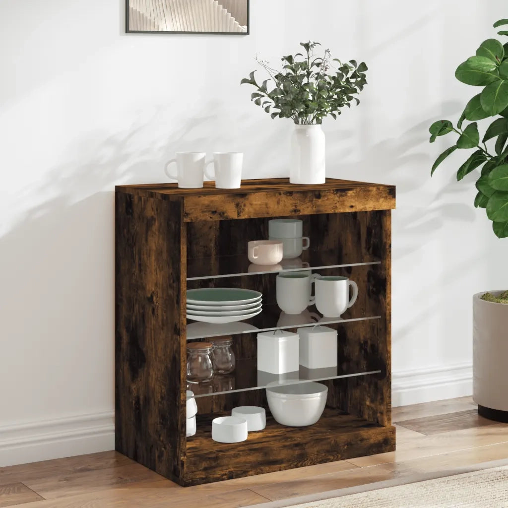 Credenza con Luci LED-Buffet-Armadio da cucina Rovere Fumo 60,5x37x67 cm