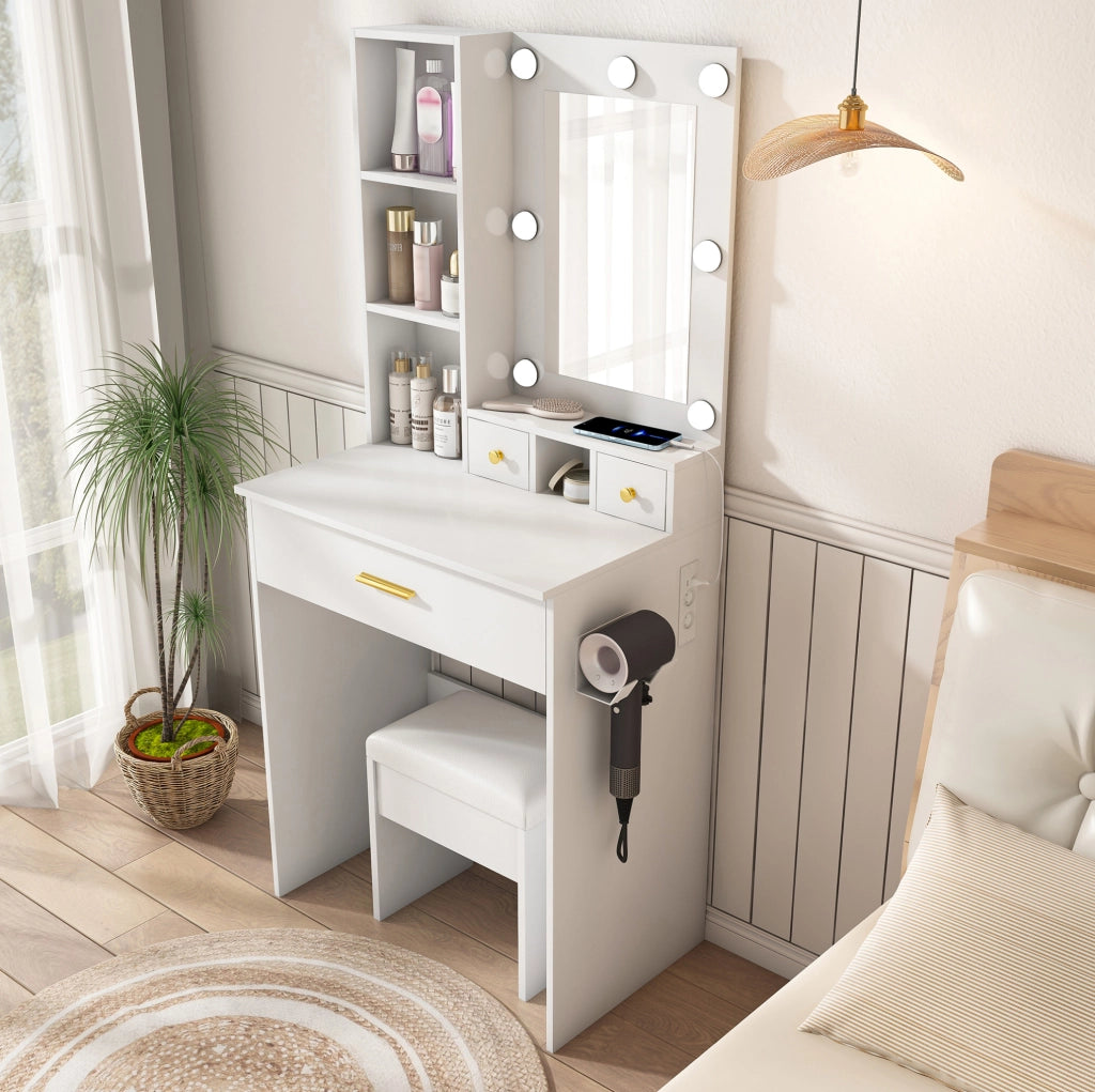 Tavolo da trucco con specchio LED a 3 modalità; presa e supporto asciugacapelli in MDF bianco