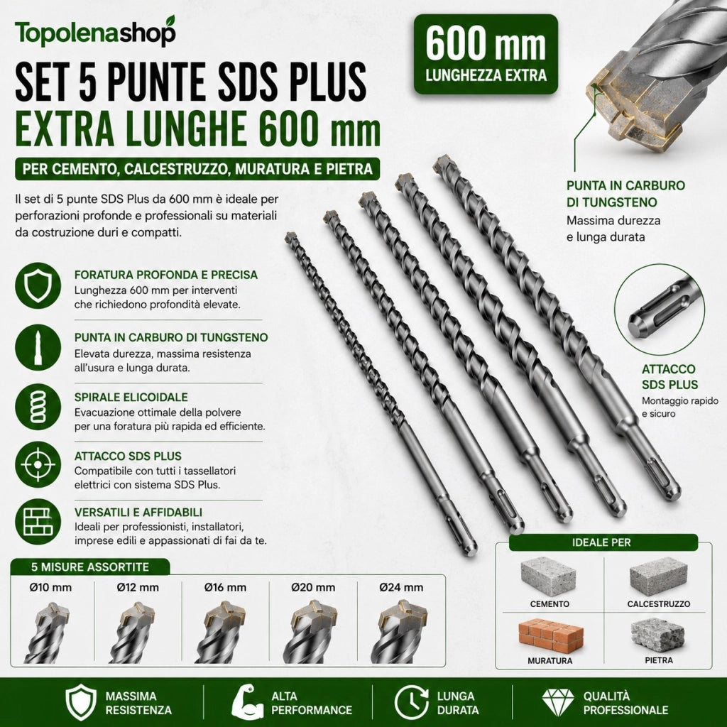 Set 5 Punte SDS Plus per Trapano 600 mm Ø10-12-16-20-24 per Cemento Pietra