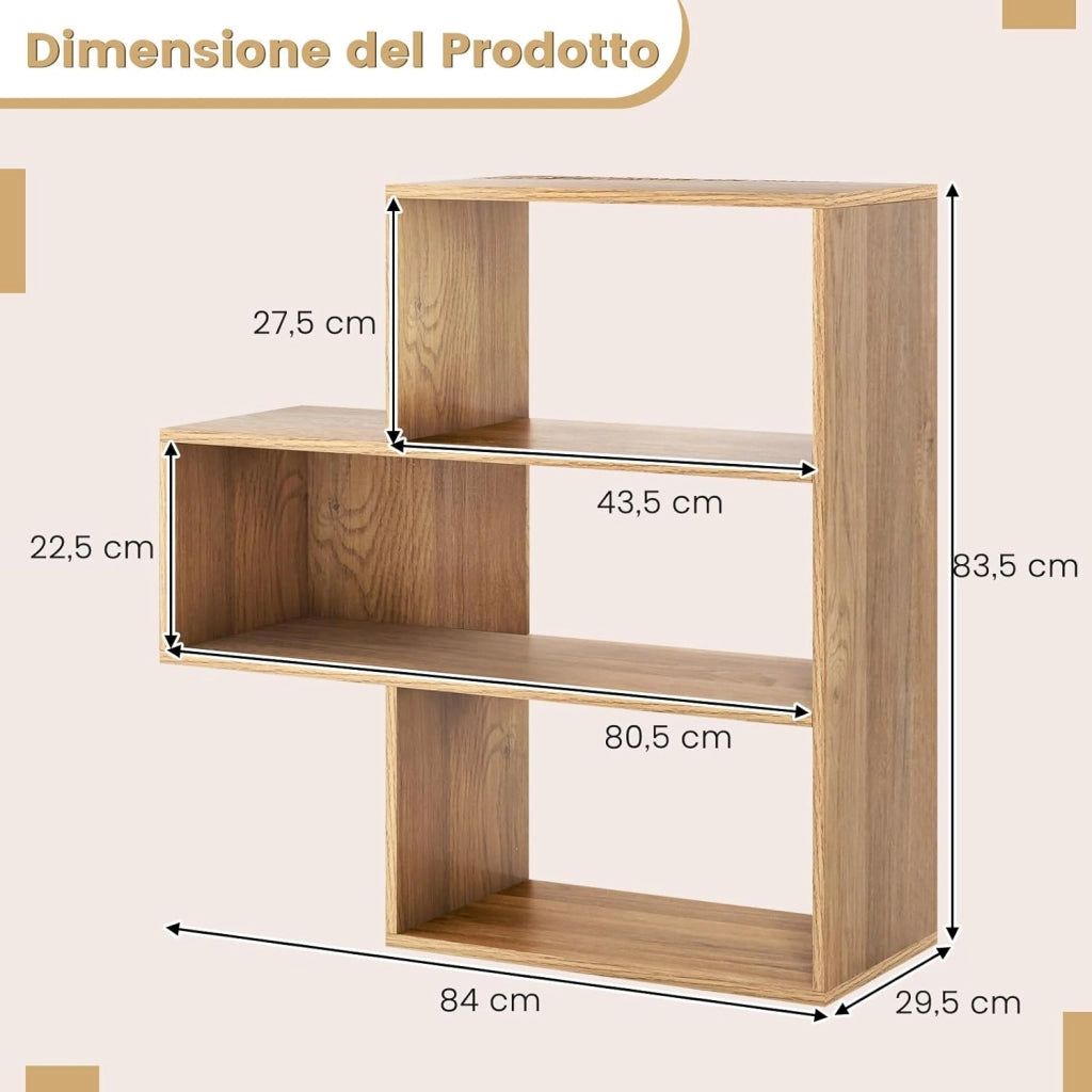Libreria a Forma Convessa, Scaffale Aperto a 3 Ripiani in Legno, Scaffale da Esposizione con Dispositivo Antiribaltamento, per Soggiorno Ufficio Camera da Letto