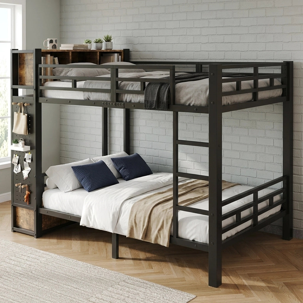 Letto a castello 120 × 200 cm con contenitore laterale, appendiabiti, cassetto, pannello forato et senza materasso