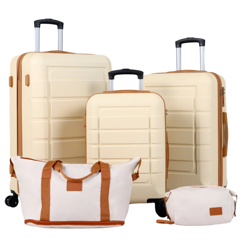 Set di 5 pezzi valigie da viaggio con 1 bagaglio a mano e 1 borsetta lucchetto a codice, Set 3 valigie rigide in abs Beige