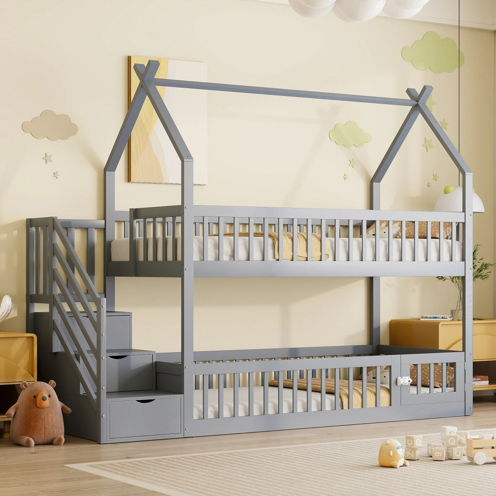 Letto a Castello 90x200 cm; Letto Singolo - Tetto; Scala con Cassetti - in Legno - Grigio