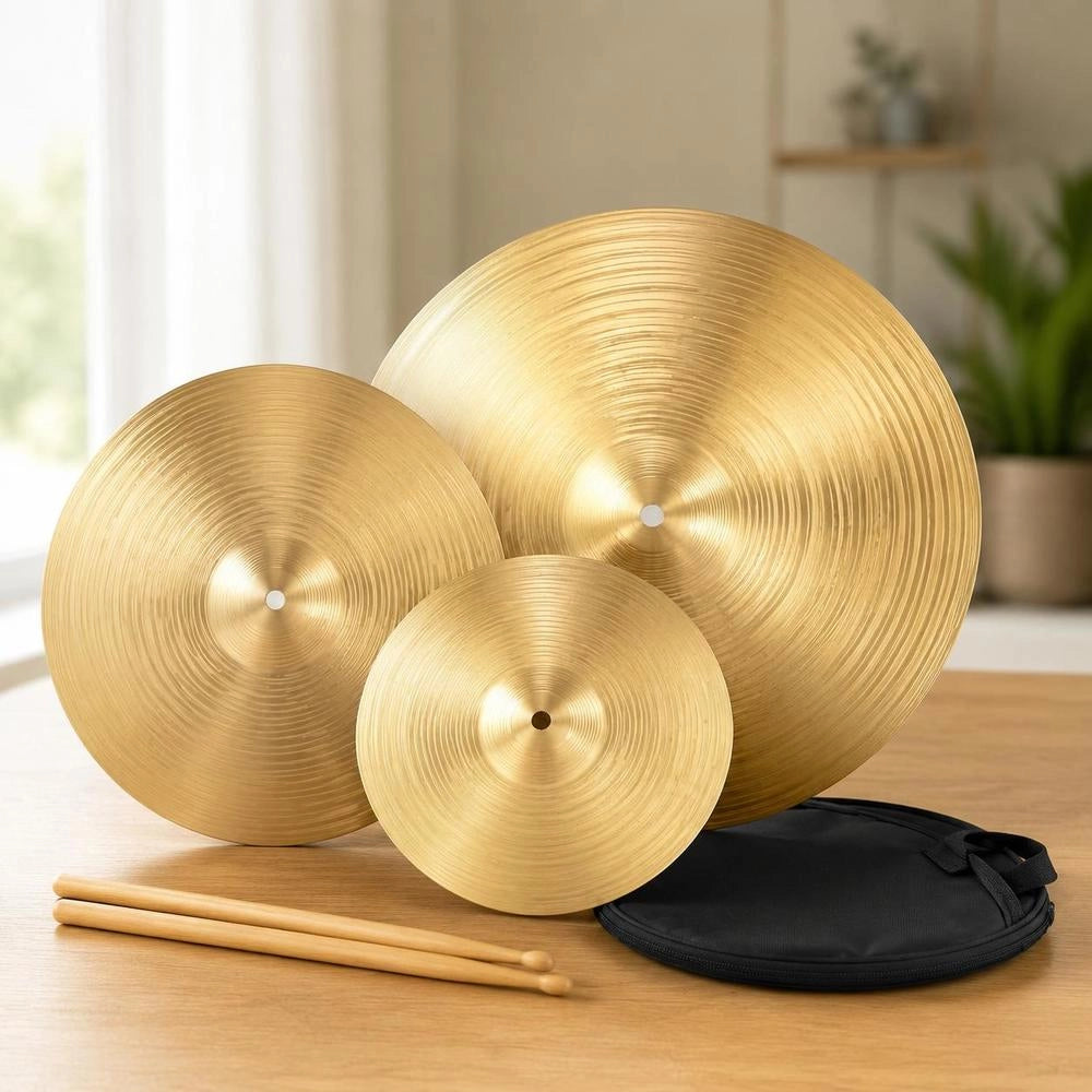 3 Piece Alloy Cymbal Set With 14 Inch Hi Hats 16 Inch Crash 20 Inch Ride Drumsticks And Bag Bright Copper Finish Jazz Drum Kit Accessories