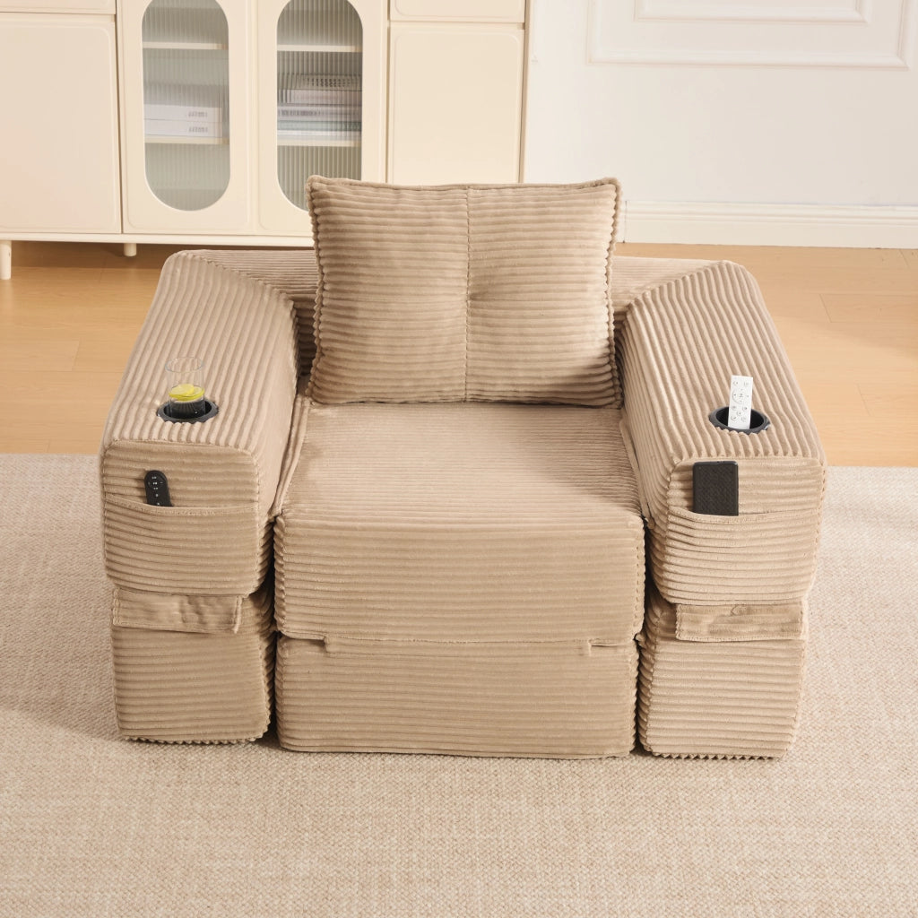 Divano letto - con tasche laterali e portabicchieri - in velluto a coste khaki