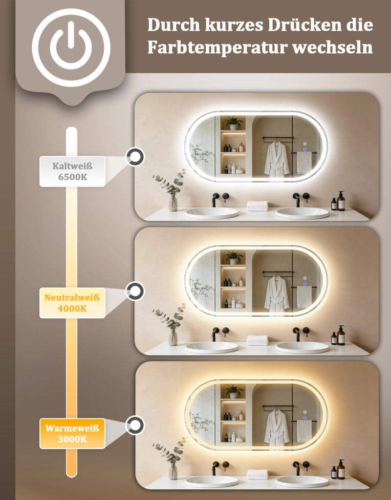 ZMH Specchio da bagno ovale con luce LED 60x120 cm parete touch antiappannamento IP44 dimmerabile 3000K-6500K