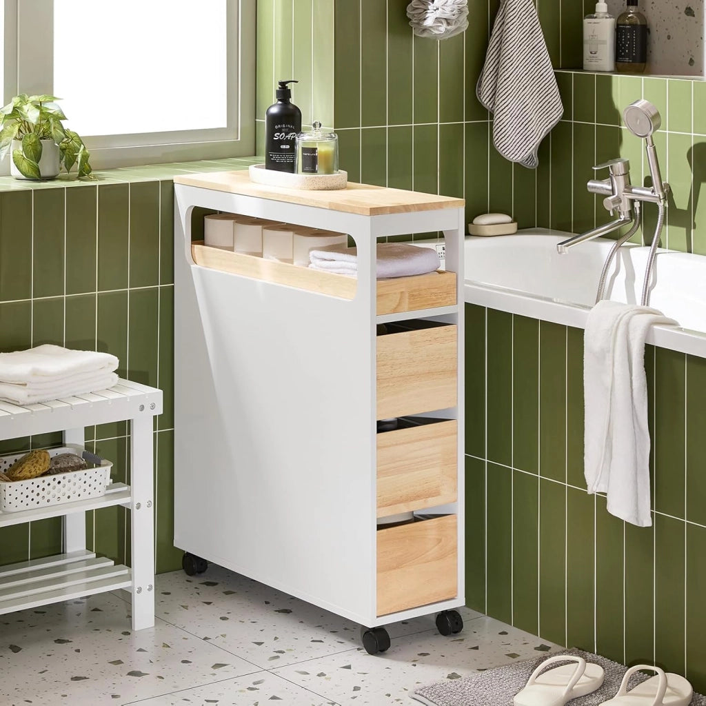 Mobile Bagno, Mobile Salvaspazio con 3 Cassetti, Ripiano in Legno e Rotelle – Mobiletti Stretti, Colonna Bagno da Terra, Struttura Resistente e Design Moderno BZR54-IV-WN