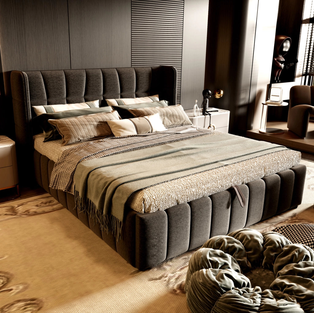 Letto imbottito 213x188x101 cm con vano contenitore in tessuto grigio