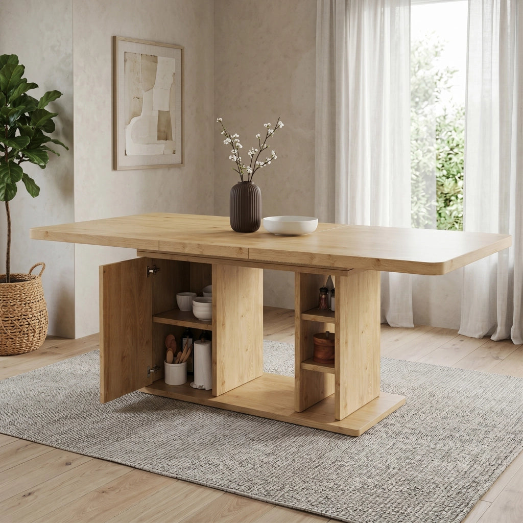 Tavolo da pranzo - estraibile 140/180x80 cm - con vano - per 6-8 persone - stile scandinavo - rovere