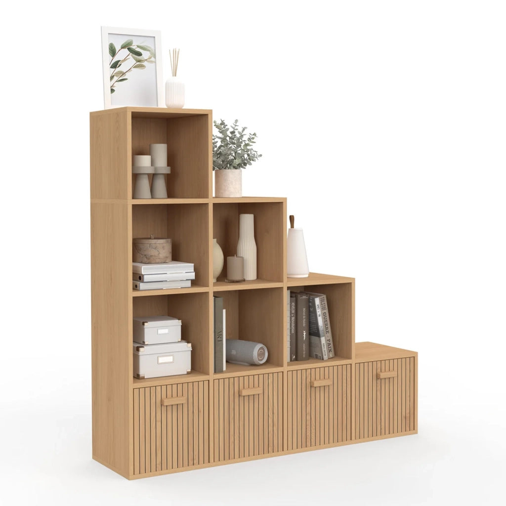 IDMarket - Contenitore LORYS JULIETTE a 4 livelli ad effetto doghe con 4 cassetti in tessuto