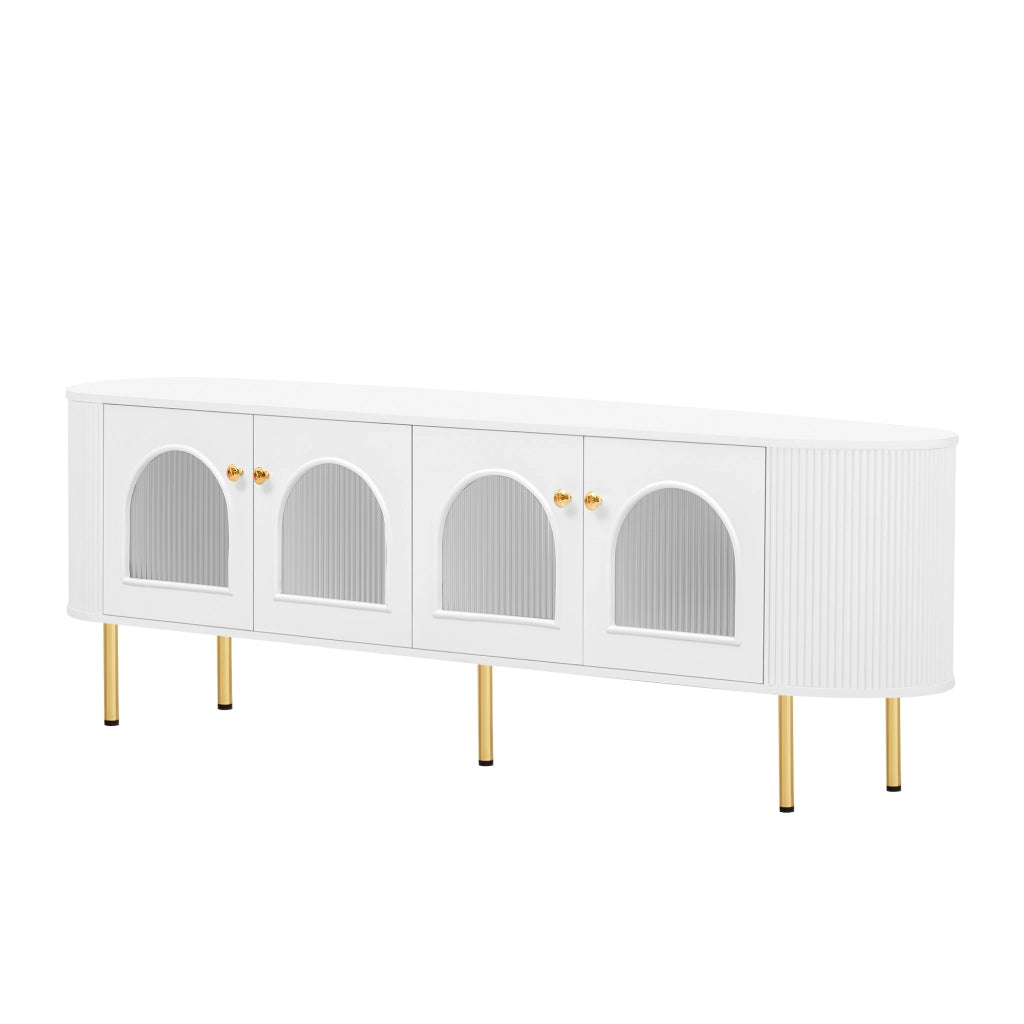 Mobile porta TV con 4 ante in vetro, bordi arrotondati, passacavi, MDF bianco e oro 170 × 35 × 55 cm