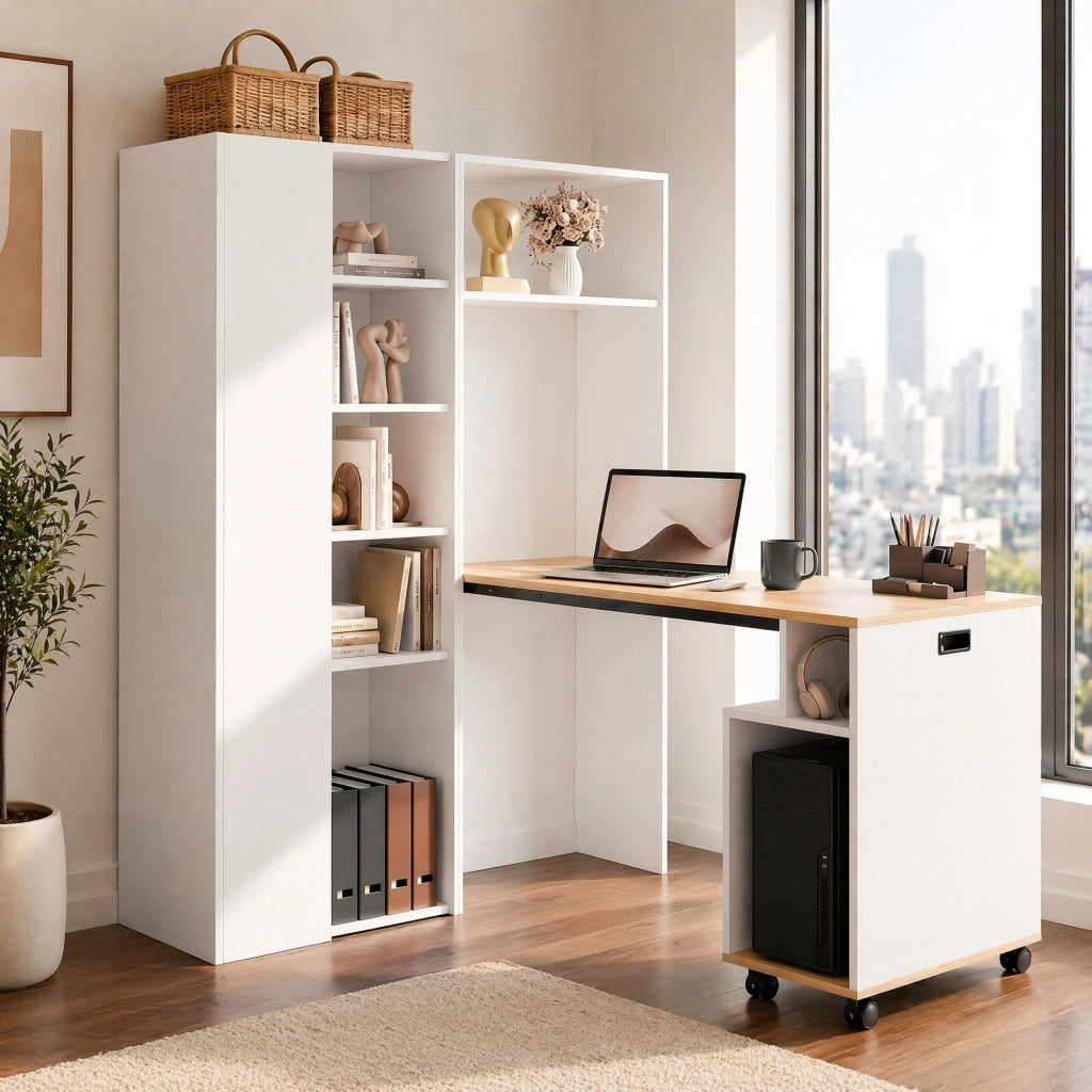 Scrivania pieghevole 2 in 1 con libreria 104;5x30;5x160 cm; bianco in MDF