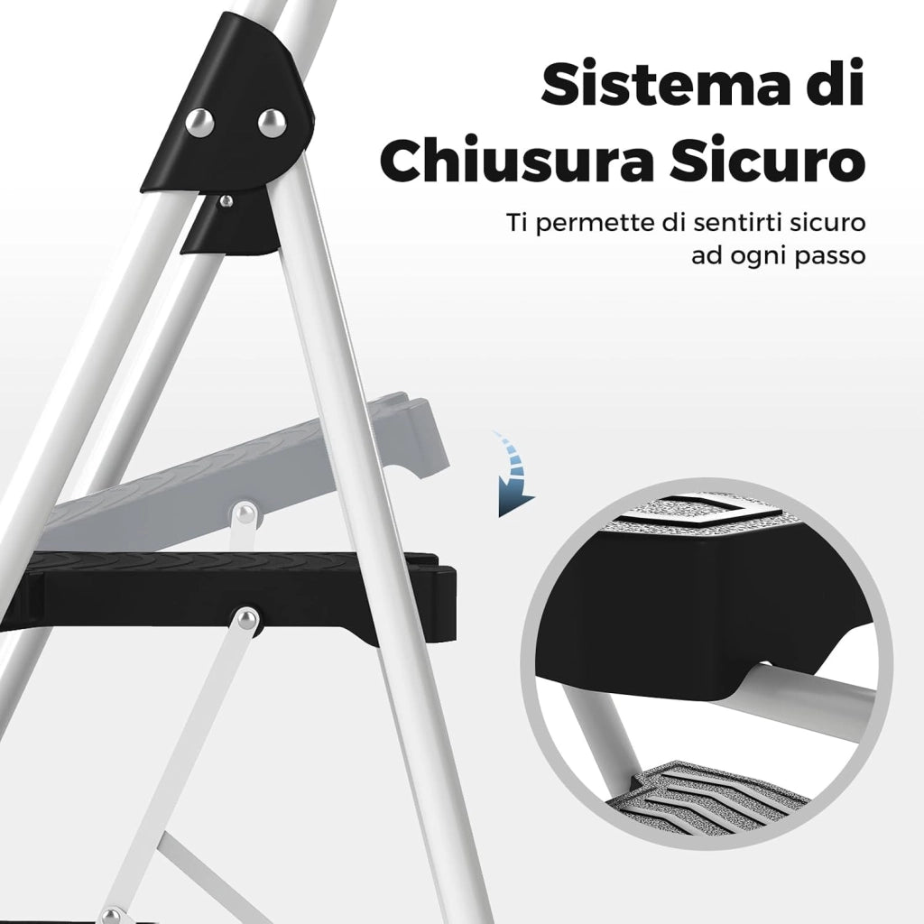 Scala a 3 Gradini, Scaletta Pieghevole in Acciaio con Corrimano Imbottito, Pedale Antiscivolo e Blocco di Sicurezza, per Cucina, Giardino e Ufficio, Portata 360 kg (Nero + Bianco)