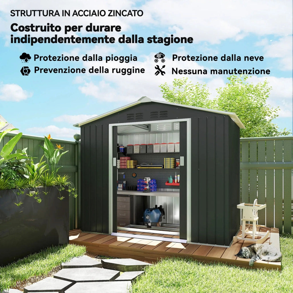 Casetta da Giardino 213x130x185 cm con Prese d'Aria e Doppia Porta Scorrevole in Metallo Grigio Scuro