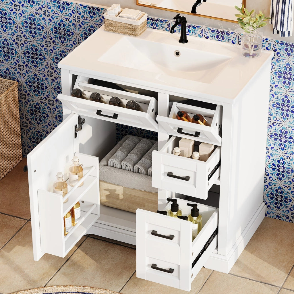 Mobile bagno sospeso a terra con lavabo in ceramica integrato, finitura laccata bianca, 76 x 47 x 82 cm
