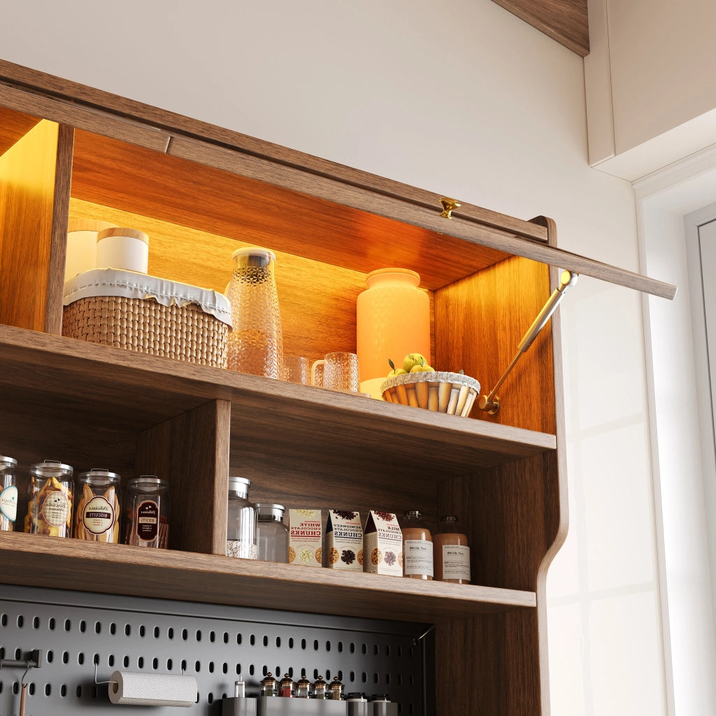 Credenza alta con LED e controllo da app, porta a ribalta, 2 ante e vani interni, per soggiorno e cucina, noce