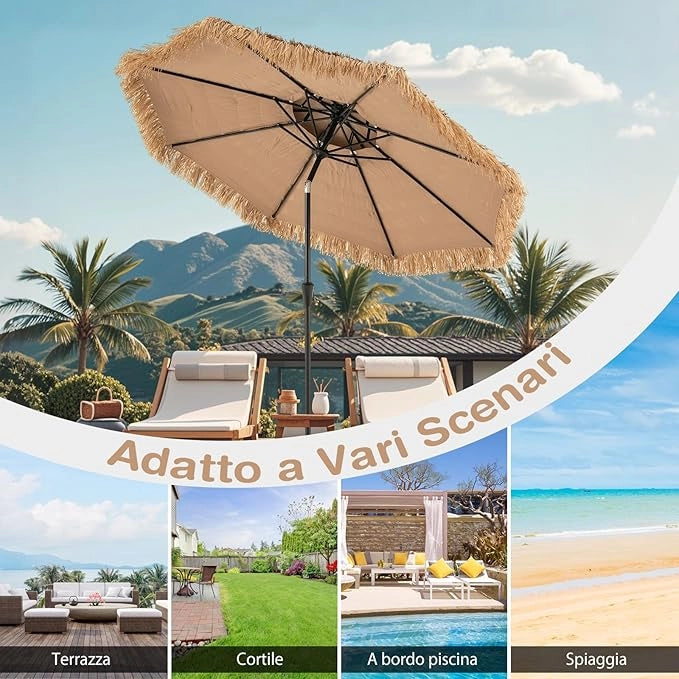 Ombrellone da Spiaggia 270 cm, Ombrellone Hawaiano in Paglia PE con 8 Stecche, Manovella Manuale, Inclinazione Regolabile, Ombrellone Portatile per Spiaggia, Patio