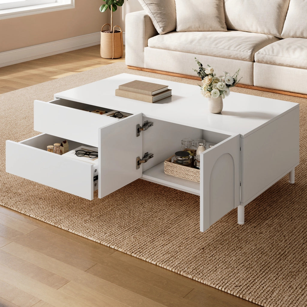 Tavolino da caffè con 2 cassetti e 2 ante - per soggiorno - 100×50×39.5 cm - bianco