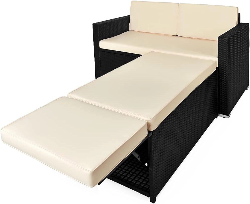 Casaria Divano Lounge 2 Posti Divanetto Nero con Cuscini Panna Pouf Mobile Chaise Longue Mobili Balcone
