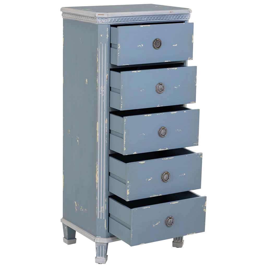 Cassettiera in legno blu con 5 cassetti 50x35x110h cm