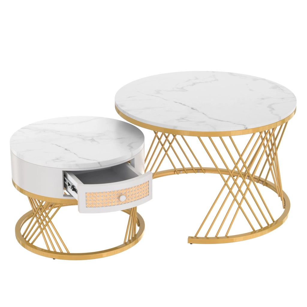 Set di tavolini da caff¨¨ rotondi 2 in 1 in MDF, colore bianco e oro, con cassetto e piano effetto marmo