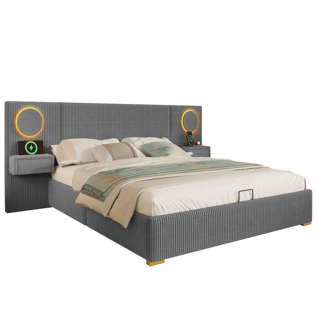 Letto Contenitore 180x200 cm con USB; LED e sollevamento idraulico; in Velluto; Grigio
