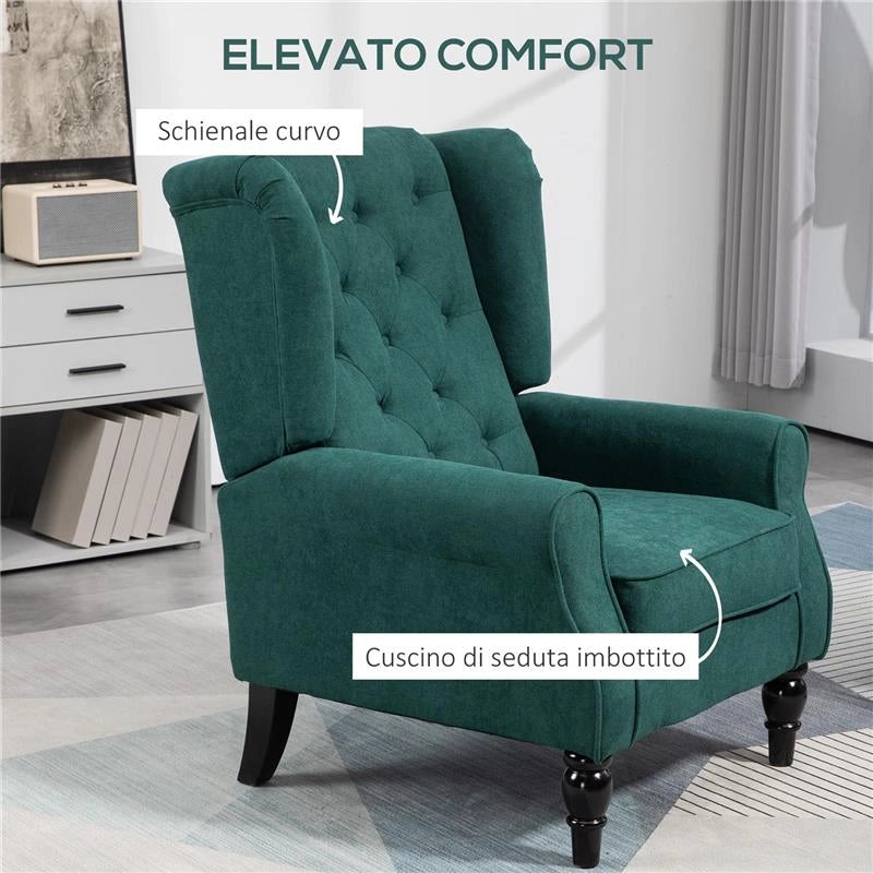 POLTRONA PER SALOTTO IN STILE FRANCESE CON SEDUTA IMBOTTITA E CUSCINI, IN POLIESTERE, 74X86X102 CM, VERDE SCURO