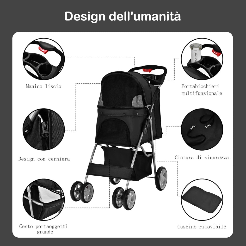 Passeggino per Cani Pieghevole, Carrozzina per Cani a 4 Ruote con Finestra a Rete Porta Bicchiere e Cesto, Passeggino Portatile per Animali Piccola e Media (Nero)