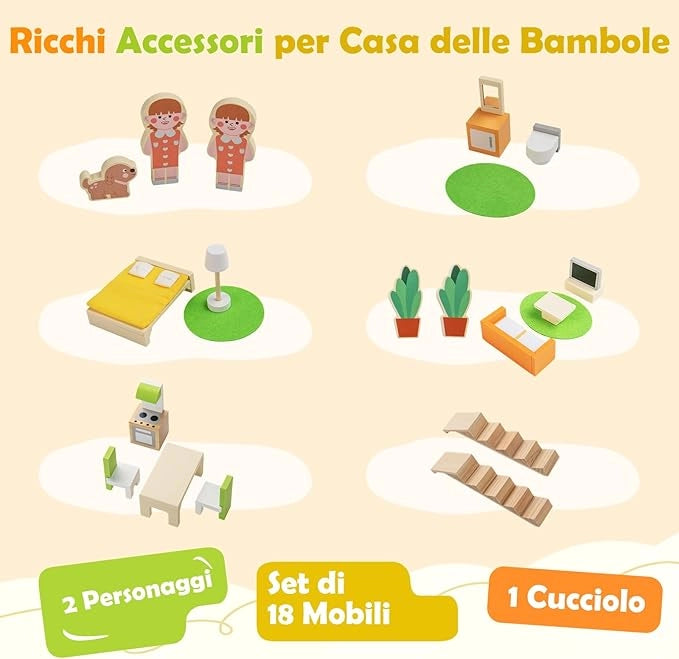 Casa delle Bambole in Legno, Casa Bambole con 4 Piani, 7 Stanze, Garage e Scale, Casetta Giocattolo Educativo con 18 Mobili Accessori e 3 Figure, per Bambini 3+ Anni, 60 x 30 x 75 cm