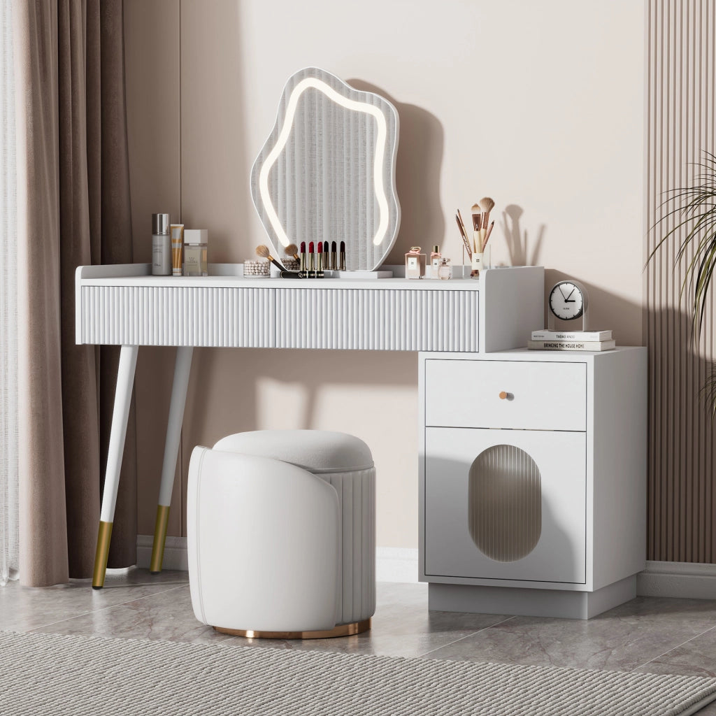 OKWISH Toeletta con 2 Cassetti e 1 Anta, Specchio e Illuminazione LED Regolabile, per Camera da Letto, Pannello di Particelle, Bianco, 100×40×75 cm