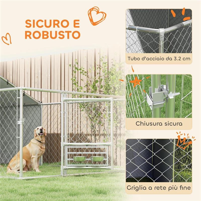 RECINTO PER CANI CON COPERTURE E CIOTOLE GIREVOLI, IN ACCIAIO E TESSUTO OXFORD, 4X2.3X1.5 M, ARGENTO