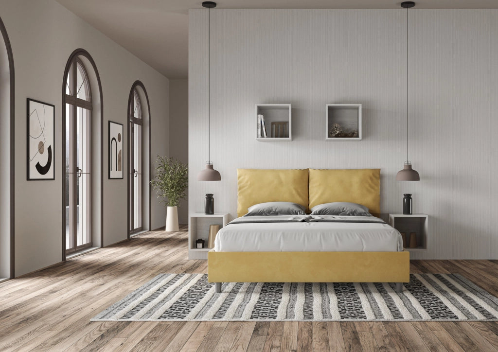 Letto Matrimoniale 160x200 cm con Rete e Contenitore Giroletto con Alzata Comoda Imbottito in Microfibra Antea Ocra