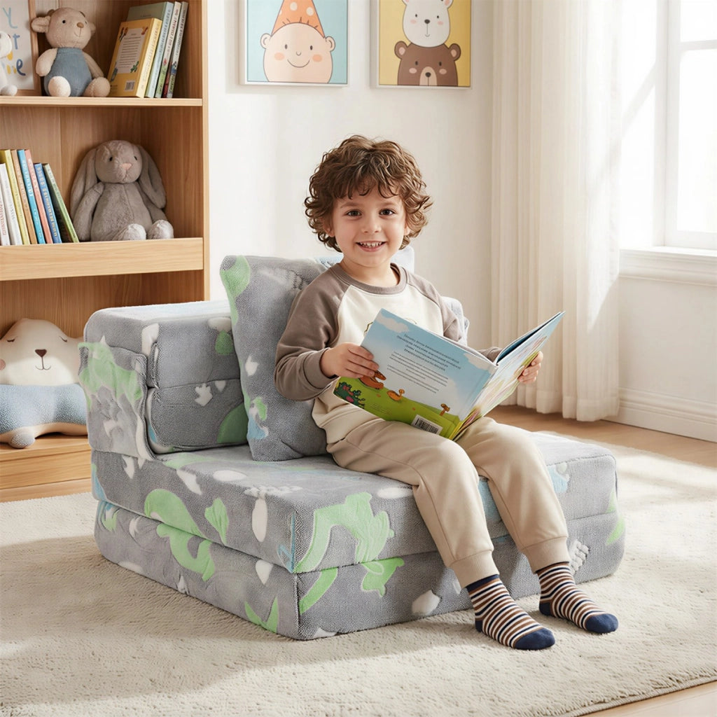 Divano letto 3-in-1 con coperture lavabili a cerniera e cuscino extra, Divano per bambini che luminesce Grigio