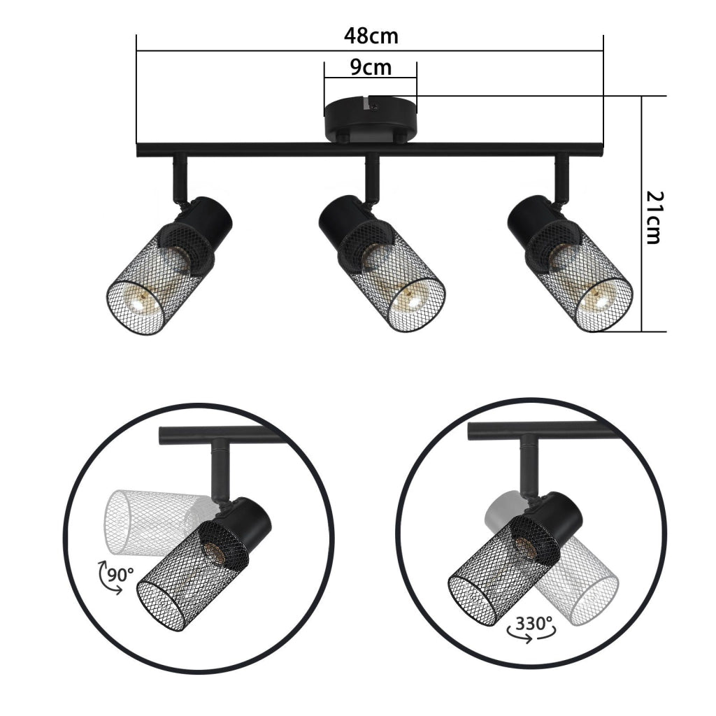 ZMH Faretto da soffitto neri retrò 3 luci E27 rotanti 330° paralume metallo max 25W senza lampadina