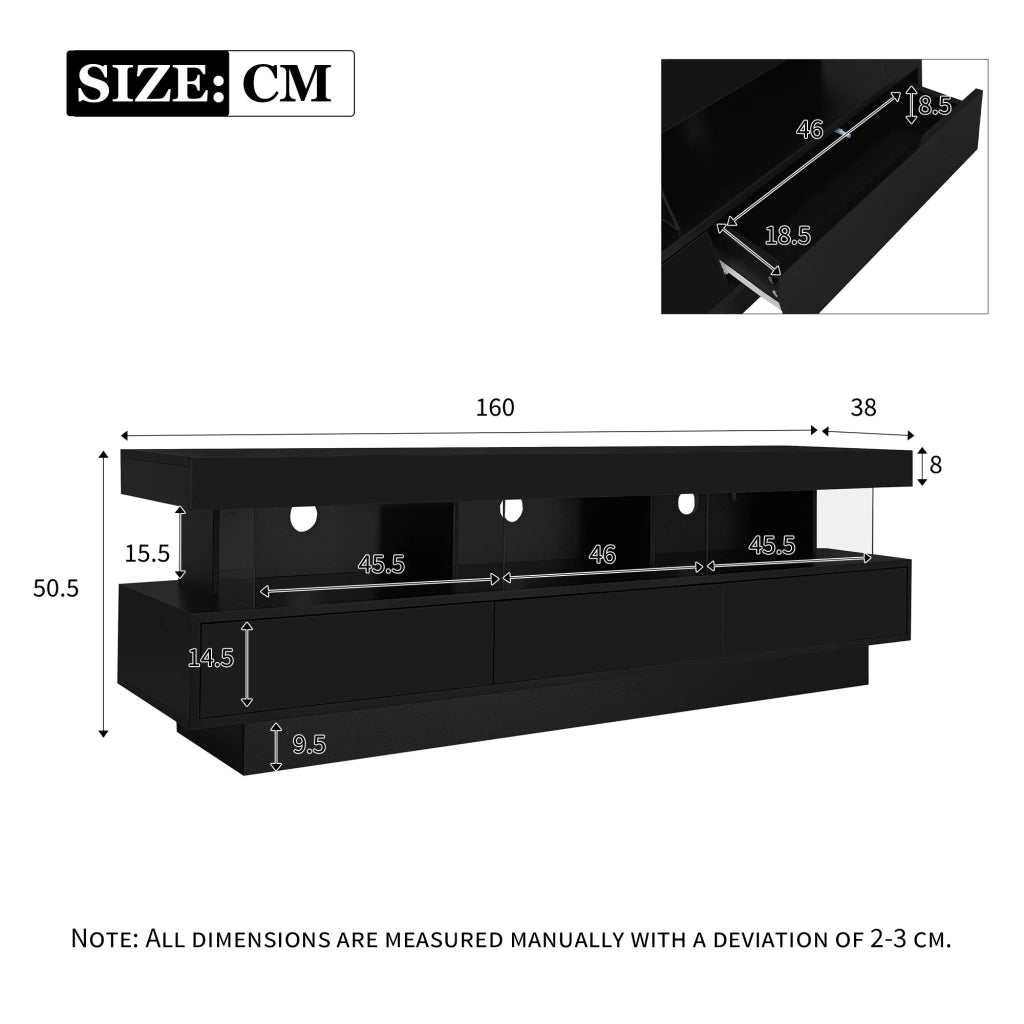 Mobile porta TV con 3 vani in vetro, LED con controllo Bluetooth, per soggiorno, nero lucido, 160 × 38 × 50,5 cm