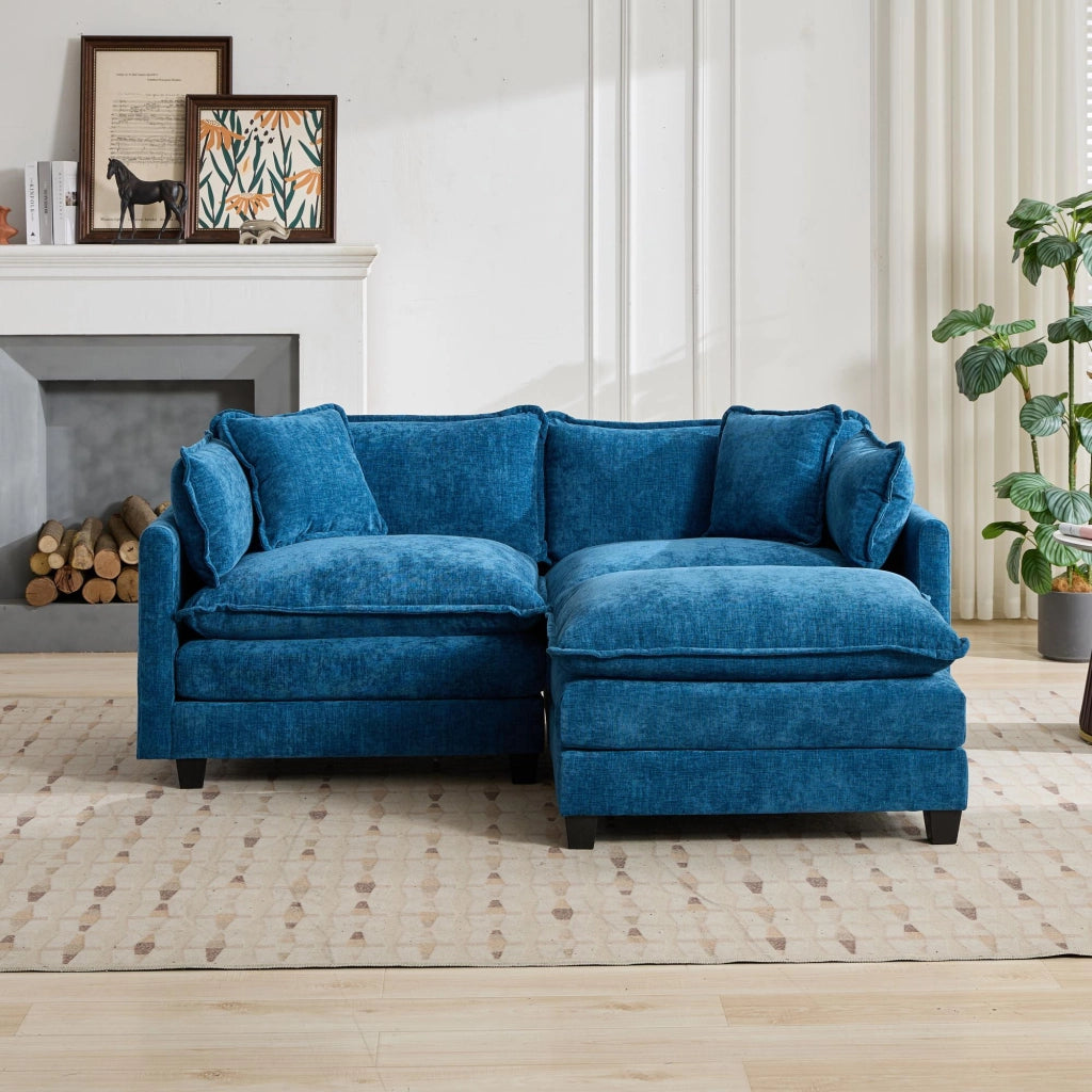 Divano modulare con cuscino schienale e imbottitura a doppio strato in ciniglia blu per soggiorno e camera