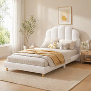 DESMIU Letto per bambini 90 × 200 cm 1 posto con testiera imbottita, senza materasso, in tessuto peluche e MDF, bianco