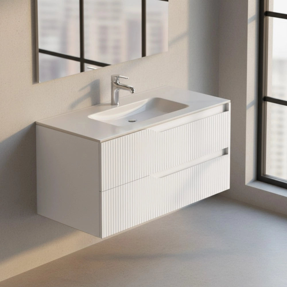 Mobile bagno sospeso Soho colore bianco opaco con cassetti effetto cannettato 100x45x50H