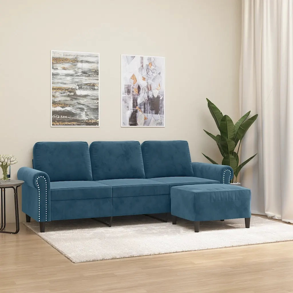 Divano a 3 Posti con Poggiapiedi Blu 180 cm in Velluto
